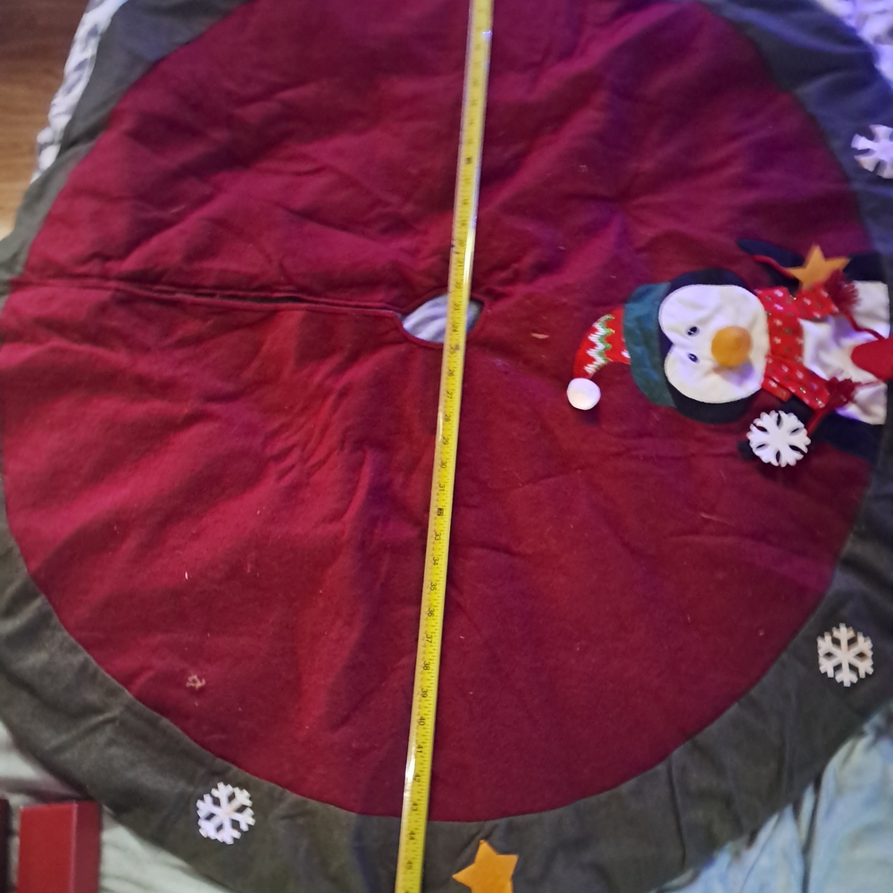 Festive Red and Gray Christmas Tree Skirt with Penguin Design